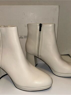 Calvin Klein Cream Leather Ankle Booties with Side Zip